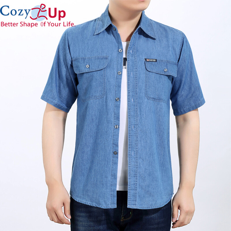 Ấm Áp Cho Nam Áo Sơ Mi Ngắn Tay Thời Trang Màu Rắn Denim Giản Dị Ve Áo Đơn Ngực