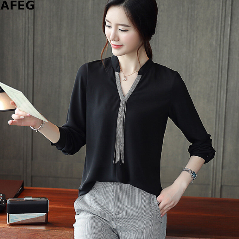AFEG Màu Trơn, Thời Trang Thắt Nơ Cổ Chữ V Phiên Bản Hàn Quốc Mới Áo Cánh Dài Tay Thanh Lịch Thanh Lịch Mỏng Và Đa Năng