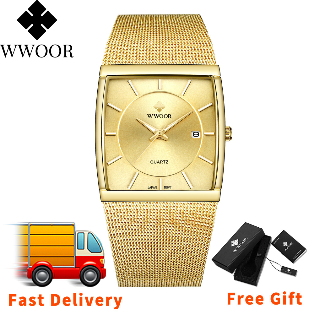 Đồng Hồ Đeo Tay WWOOR Thời Trang Cho Nam, Đồng Hồ Thạch Anh Nhật Bản Sang Trọng Mặt Vuông Bằng Thép Không Gỉ Mặt Lưới Kèm Lịch Chống Nước