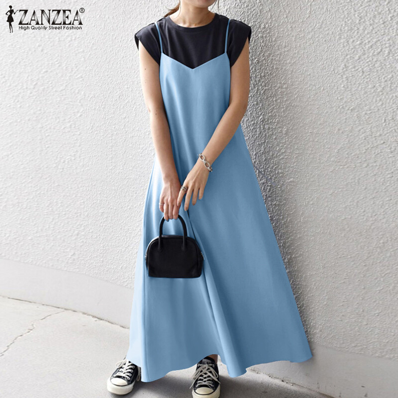 Zanzea đầm nữ cổ chữ v buộc dây màu trơn phong cách hàn quốc đầm maxi không tay #10