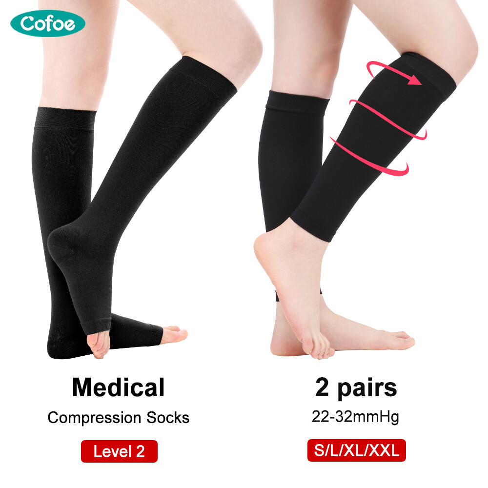 Cofoe 2 Pair Pressure Sock Compression Socks Calf Open Toe + Calf Leggings Level 2 Elastic Varicose Vein Sock 23-32 mmHg Pressure Below Knee Open Toe Leggings Stockings for Men Women Anti-varicose Veins Eliminate Edema ราคา 428 บาท*ส่งฟรี