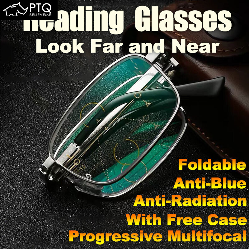 PTQ Folding Reading Glasses with Leather Case Portable Eyeglasses Anti-Blue Anti-Radiation Progressive Bifocal Glasses +100~+400