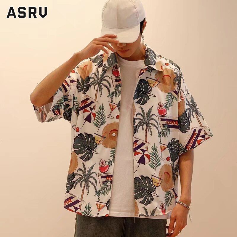 ASRV Men's short sleeve shorts floral holiday beach Hawaiian shirt men's short sleeve loose couple vintage printed shirt ราคา 127 บาท*ส่งฟรี