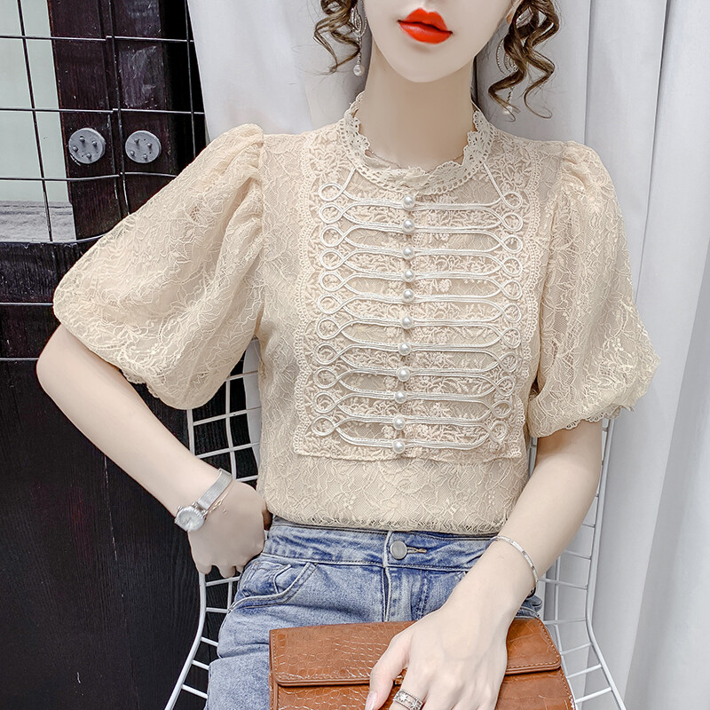 Áo Ren Ngắn Tay YIGE, Áo Mới 2021 Áo Tay Phồng Cung Điện Pháp