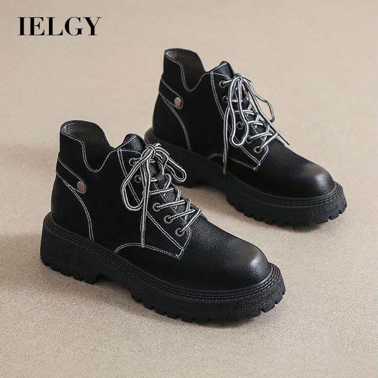 Ielgy bốt martin da mềm dễ phối đồ cho nữ màu đen gót chun