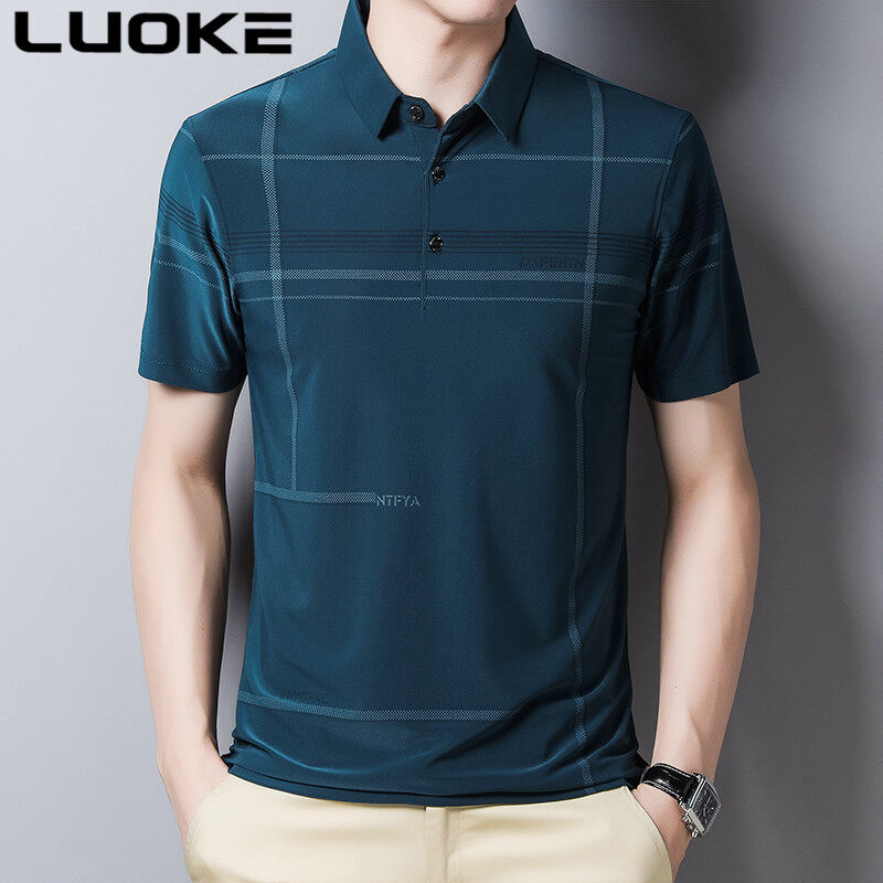 LUOKE Áo Lót Nam Kẻ Sọc Bất Đối Xứng Cổ Điển Chất Lượng Cao Cỡ Lớn Có Thể Mặc Lên Đến 100Kg Ve Áo Lụa Băng Ngắn Tay Kinh Doanh