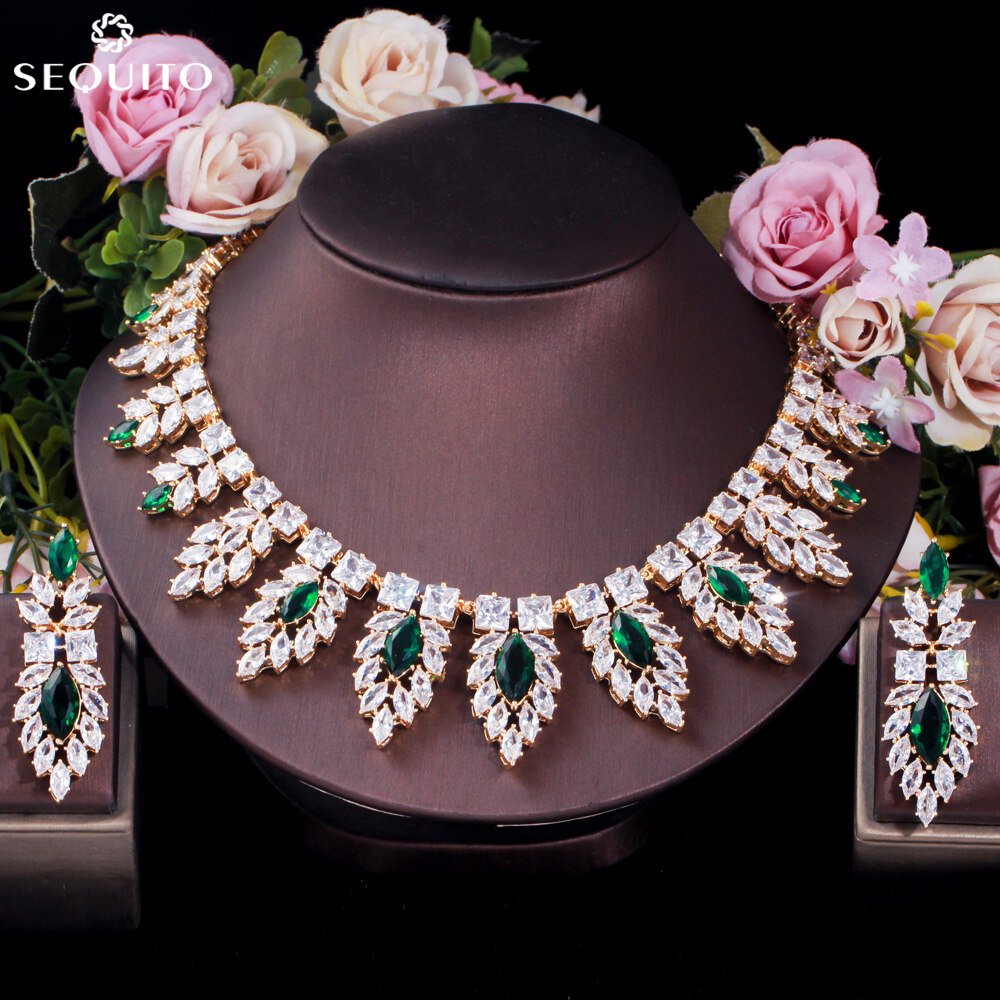 SEQUITO Trang Sức Cô Dâu Phong Cách Hoàng Gia Lộng Lẫy Bộ Bông Tai Vòng Cổ Choker Lớn AAA Zircon Màu