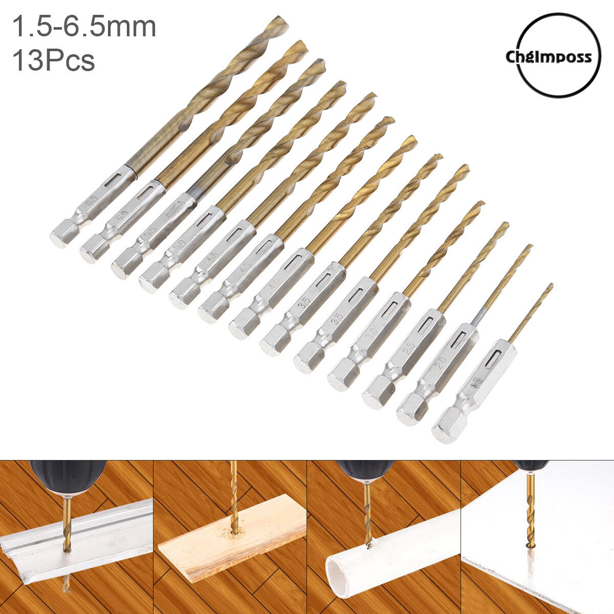ChgImposs 13 Cái Thân Lục Giác 1/4 Inch Bộ Mũi Khoan Phủ Titan Thép Tốc Độ Cao HSS Mũi Khoan Xoắn 1.5-6.5Mm