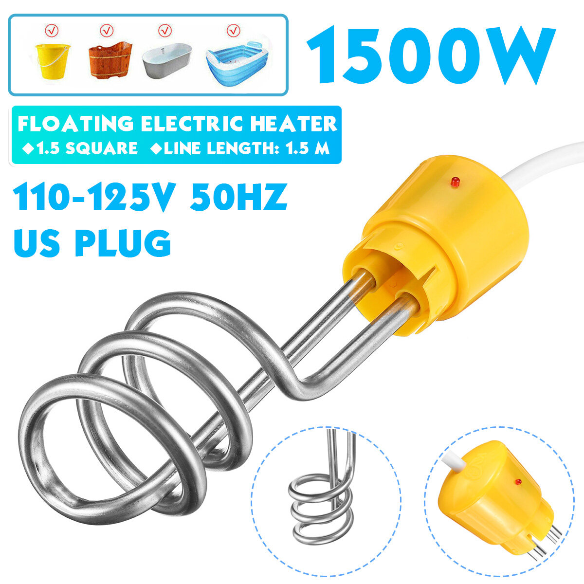 Generic 1500W Swimming Pool Water Heater Quick Heater Suspension Electric Heating Rod For