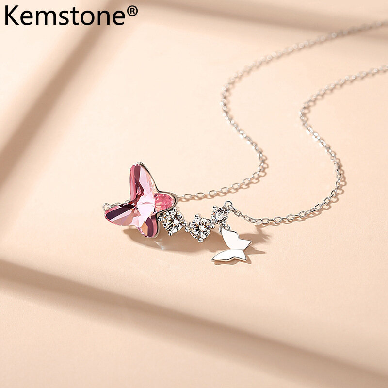 Kemstone 925 Stering Bạc Pha Lê Từ Swarovski Bướm Mặt Dây Chuyền Màu Xanh Hồng Vòng Cổ Nữ Trang Sức Quà Tặng Cho Phụ Nữ