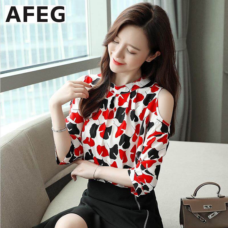 AFEG mùa hè mới nữ Hàn Quốc tay ngắn in off-Áo voan trễ vai thời trang Hoang Dã tính khí thanh lịch Áo