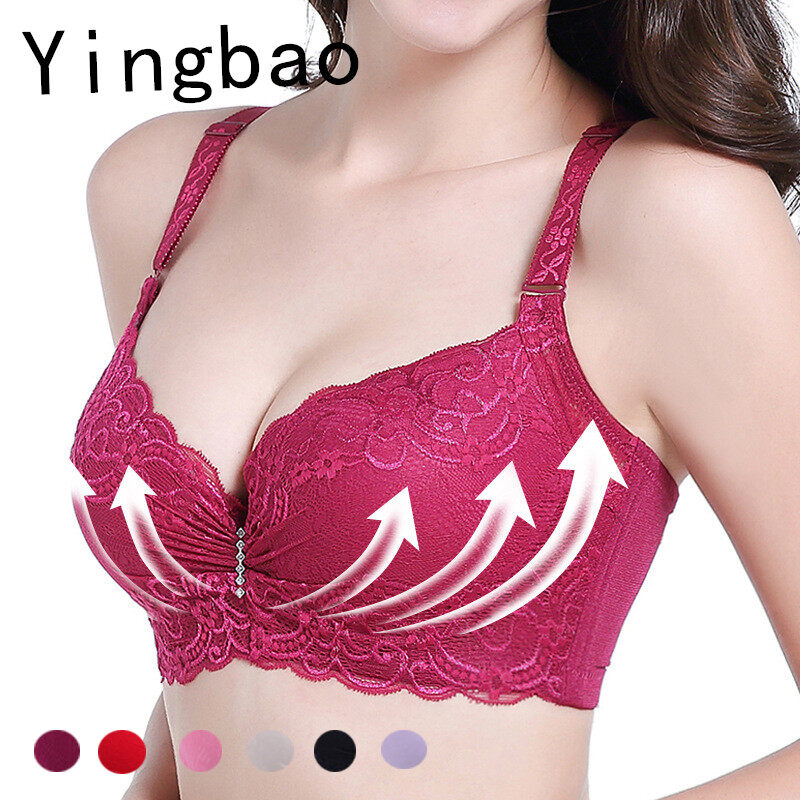 Yingbao Adjustable Bra Women Push Up Plus Size with Wire Ladies Lace Sexy  Bras with Steel Ring Big Size Black Pink Maroon Watermelon Red Khaki 36 80  38 85 40 90 42 95 44 100 46 105 C D E