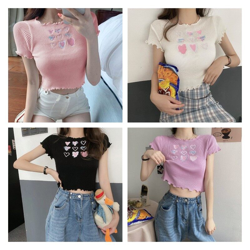 Áo Crop Top Nữ Họa Tiết Trái Tim, Quần Áo Ngắn Cổ Nhún Bèo Tay Ngắn Cho Mùa Hè