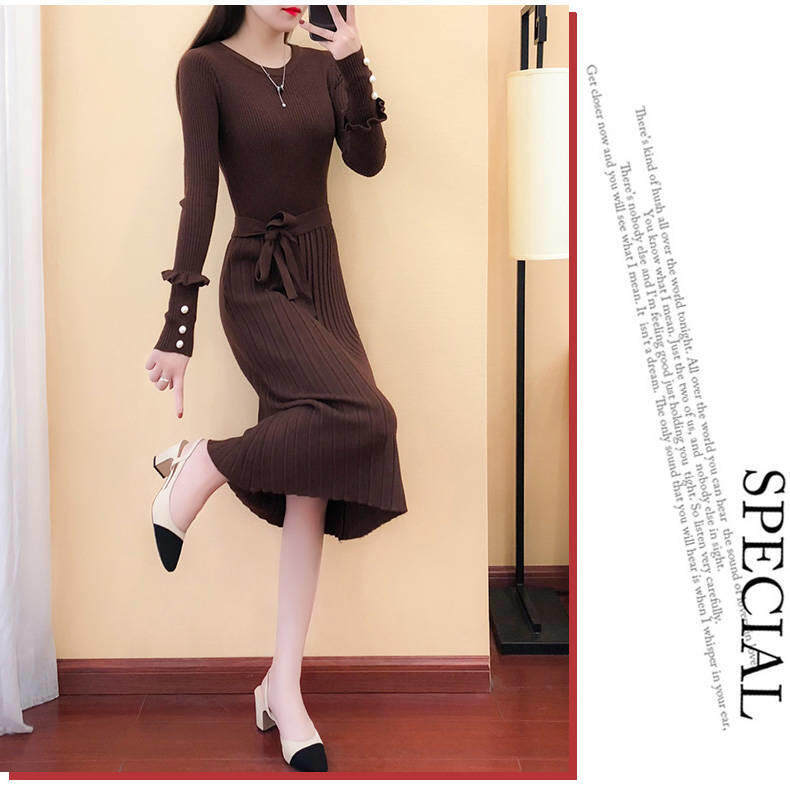 2020 spring new women's long knitted dress long sleeve sweater dress autumn and winter base wool skirt