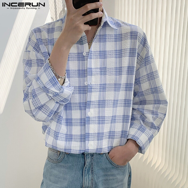 Incerun áo sơ mi nam dài tay kẻ ca rô thường ngày áo sơ mi cài cúc ngày lễ áo cánh