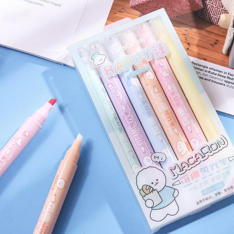 6Pcs Double Head Erasable Highlighter Creative Color Graffiti Account Pen Students Draw Key Marker Pen 6 Color Set Account Pen