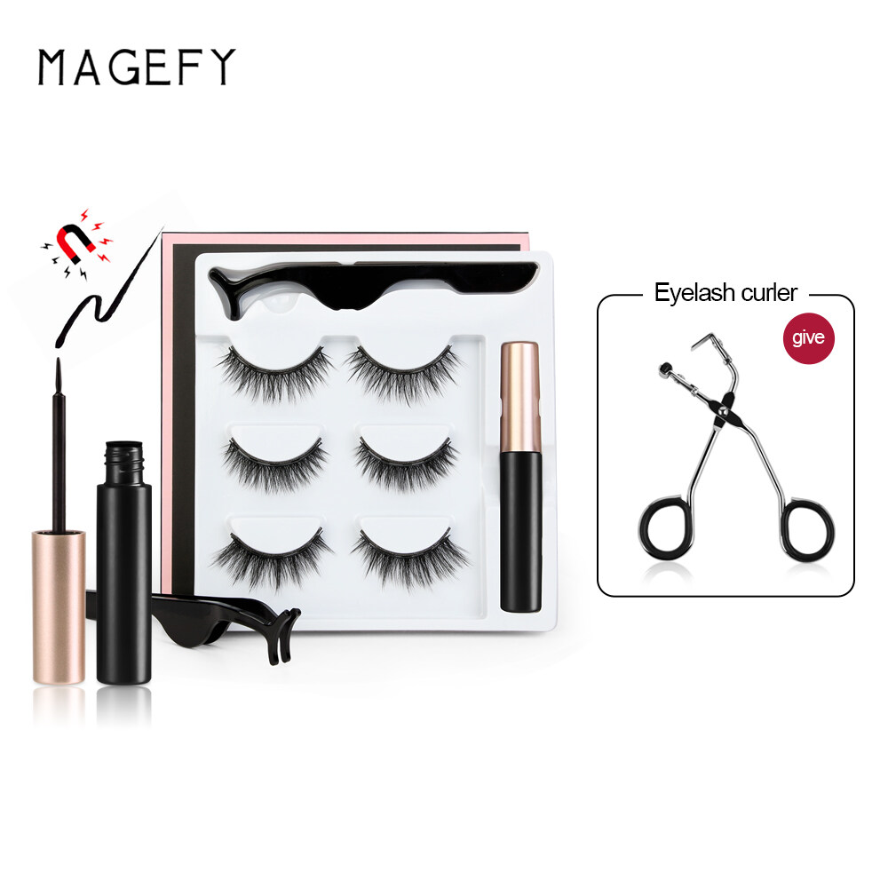 MAGEFY ชุดขนตาปลอมแม่เหล็ก3คู่,พร้อมตัวช่วยหนีบขนตาขนตาแม่เหล็กผสม