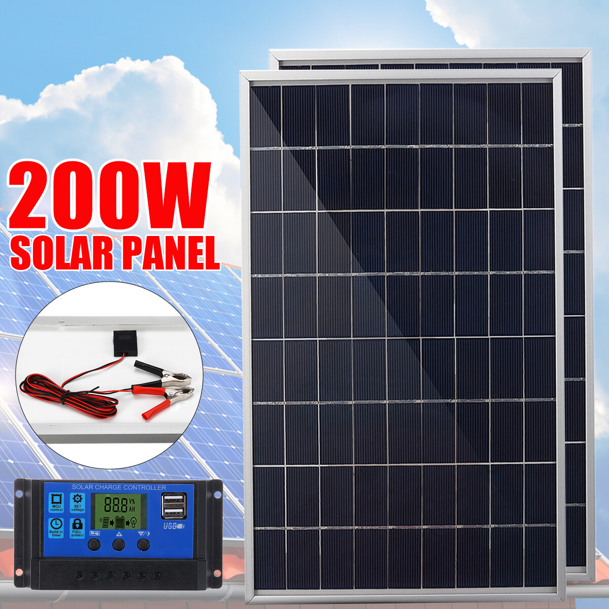 【 1/2 Cái 】(100W/200W) tấm Pin Mặt Trời 12V Kèm Kẹp Pin + Bộ Điều Khiển 40A Tấm Pin Mặt Trời Silicon Đơn Tinh Thể Với Bộ Điều Khiển Bộ Bảng Năng Lượng Mặt Trời Bộ Hoàn Chỉnh Tấm Pin Mặt Trời Cho Du Thuyền Du Thuyền Xe Hơi Cắm Trại Bộ Sạc Pin Tại Nhà