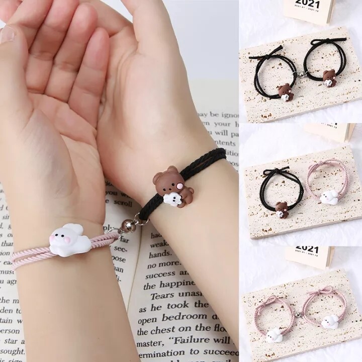 WHC Jewelry 2pc Cute Bear Couple Bracelet for Women White Rabbit Design Hand Woven Accessories