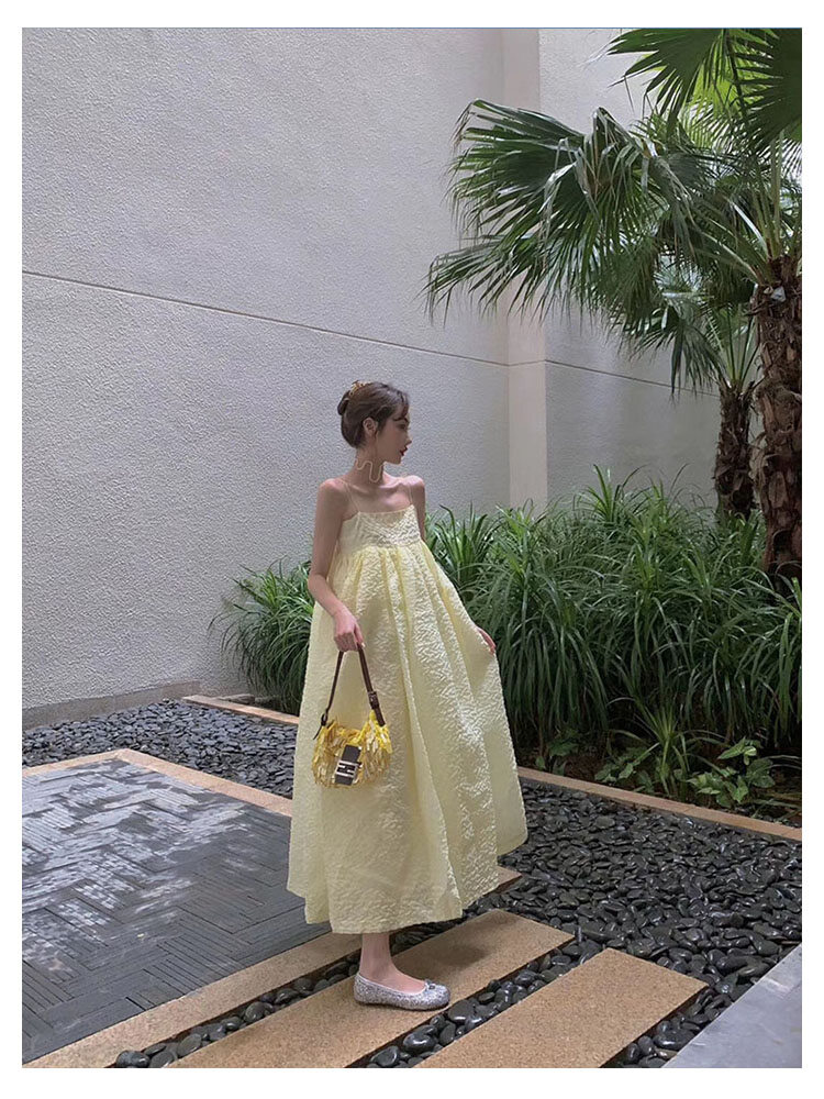 Piaopiao, Phụ Nữ Ăn Mặc, Phong Cách Mới Nhất, Đầm Nữ Hai Dây Màu Vàng Cổ Một Dây Hàn Quốc, Đầm Đi Biển Kỳ Nghỉ Thời Trang Với Chân Váy Dài Mịn