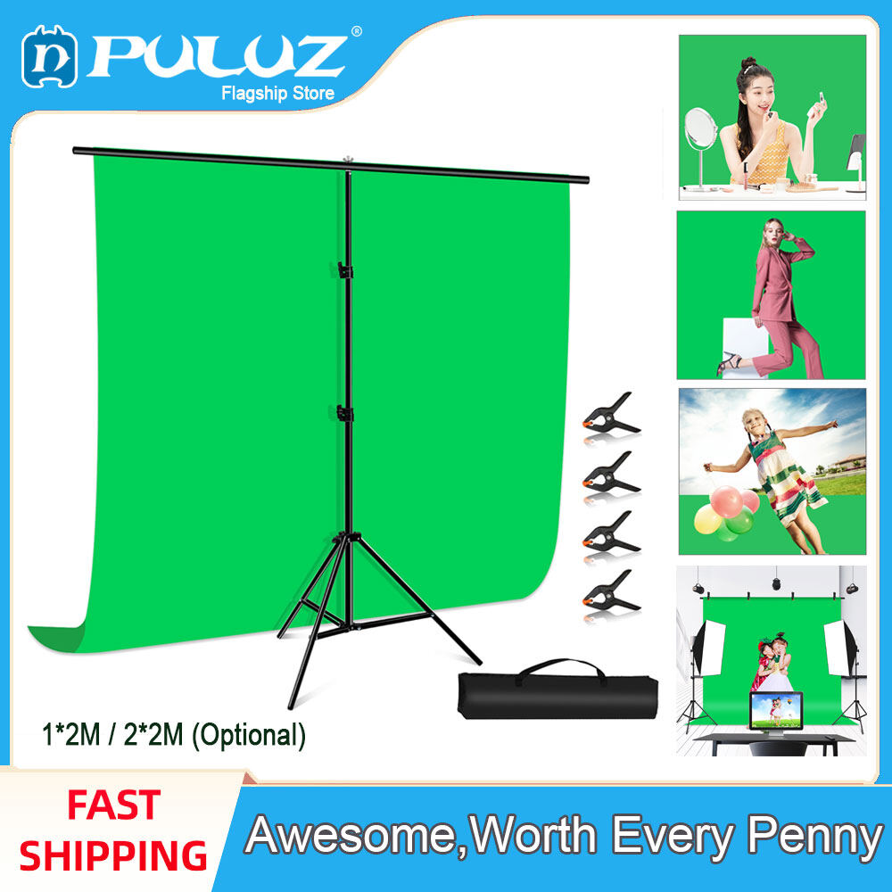 PULUZ 1*2M / 2*2M Background Support Stand T-shaped Background Studio Support Stand Photography Green Screen Backdrop Photo Backdrop Crossbar Bracket Kit with Clips (Green)