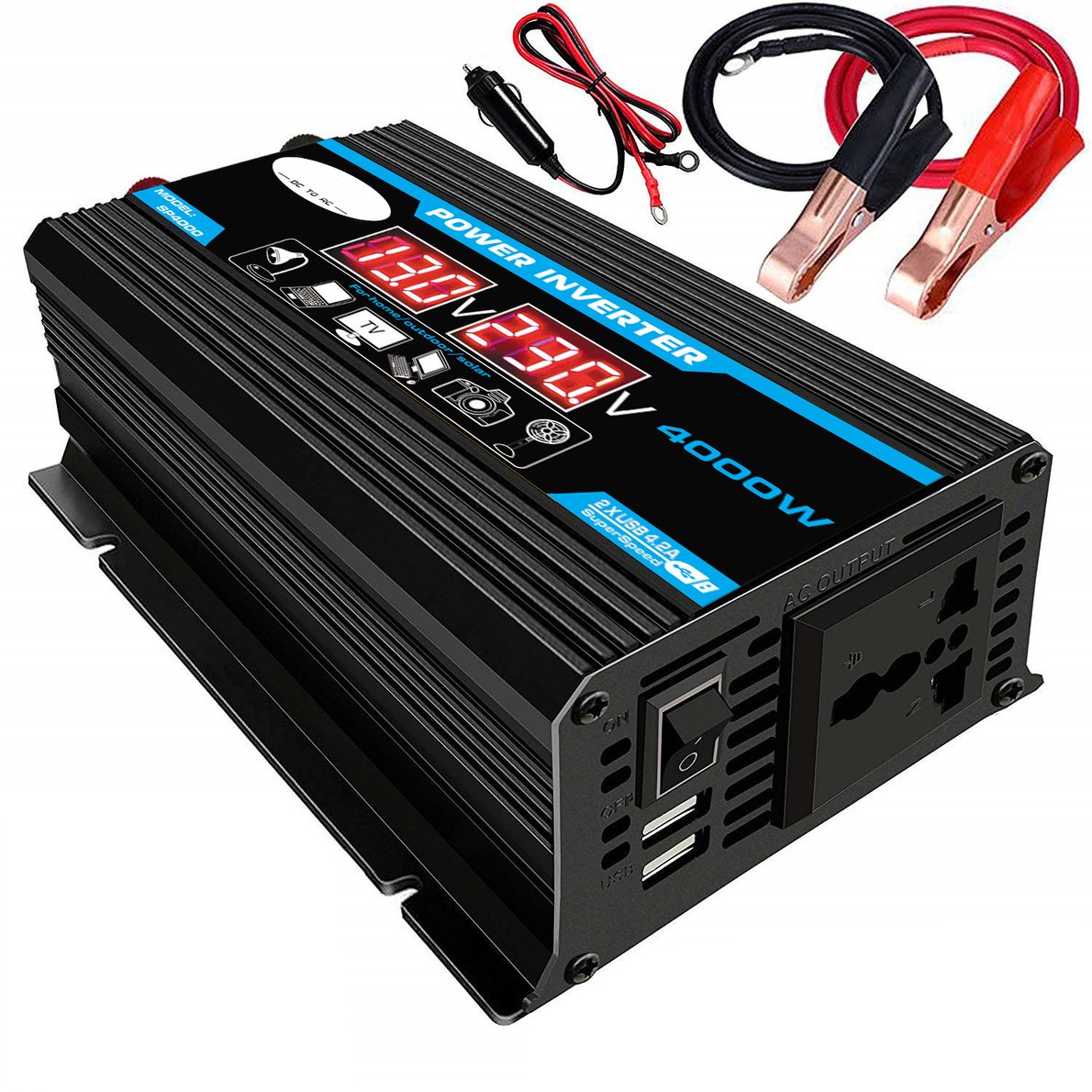 Giảm giá hàng đầu 4000W 12V đến 220V/110V Bộ chuyển đổi nguồn điện xe hơi Bộ chuyển đổi Bộ sạc Bộ chuyển đổi điện áp USB kép biến áp sóng hình sin