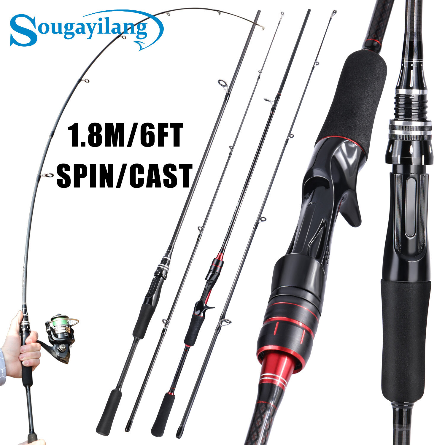 Sougayilang Cần Câu Cá Cần Câu Máy Đứng/Ngang 1.8M/6FT 2 Đoạn Cần Câu Cá Bằng Sợi Carbon Nước Mặn Hoặc Nước Ngọt