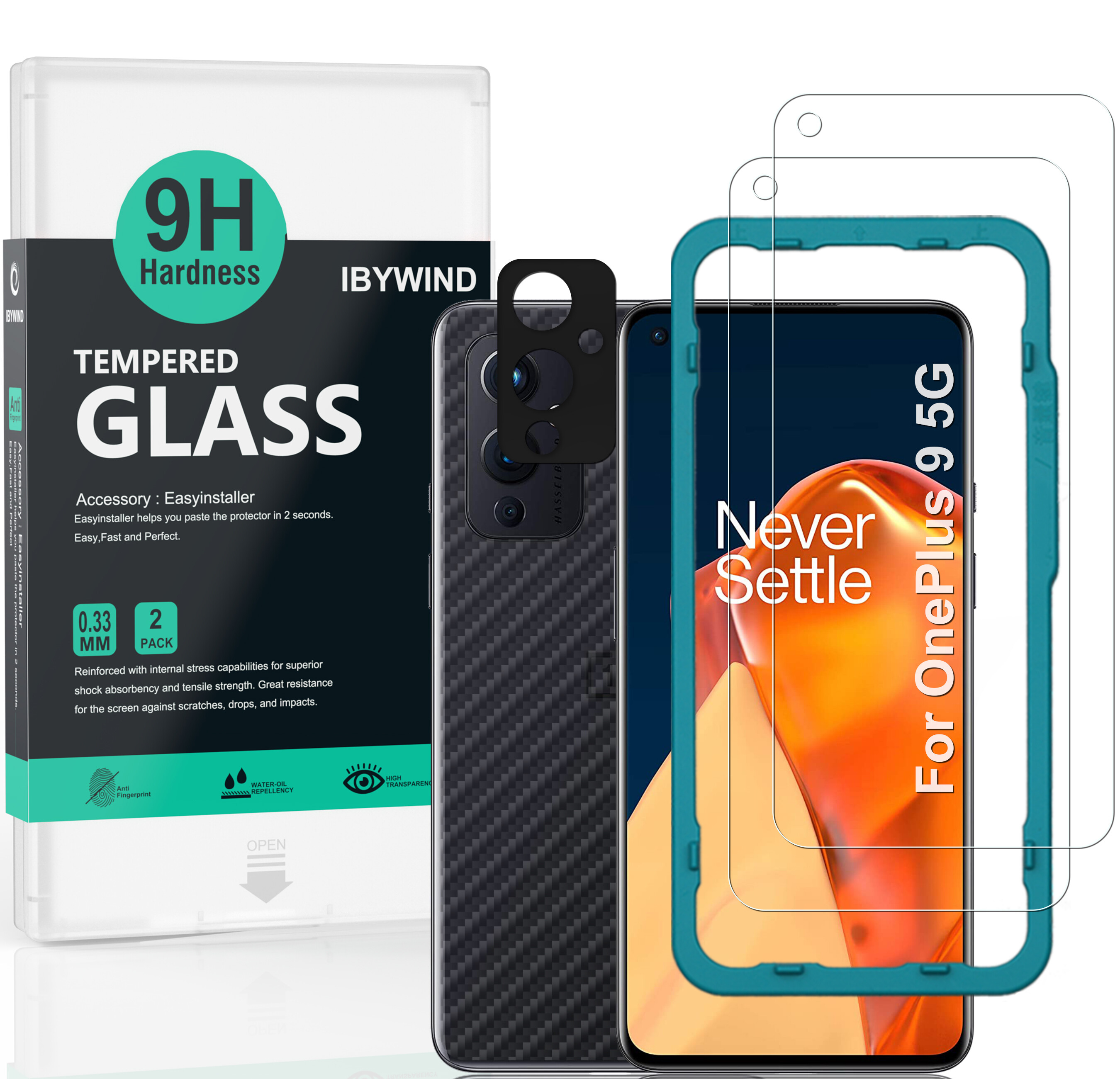 Tấm Bảo Vệ Kính Cường Lực Ibywind Cho Oneplus 9 [Gói 2 Chiếc] [Bảo Vệ Lưng Bằng Sợi Carbon]-Trong Suốt Với Miếng Bảo Vệ Ống Kính Caear