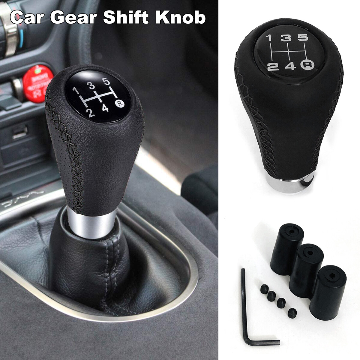 Car Manual Gear Shift Knob Shifter Black Leather Red Stitch 5 Speed