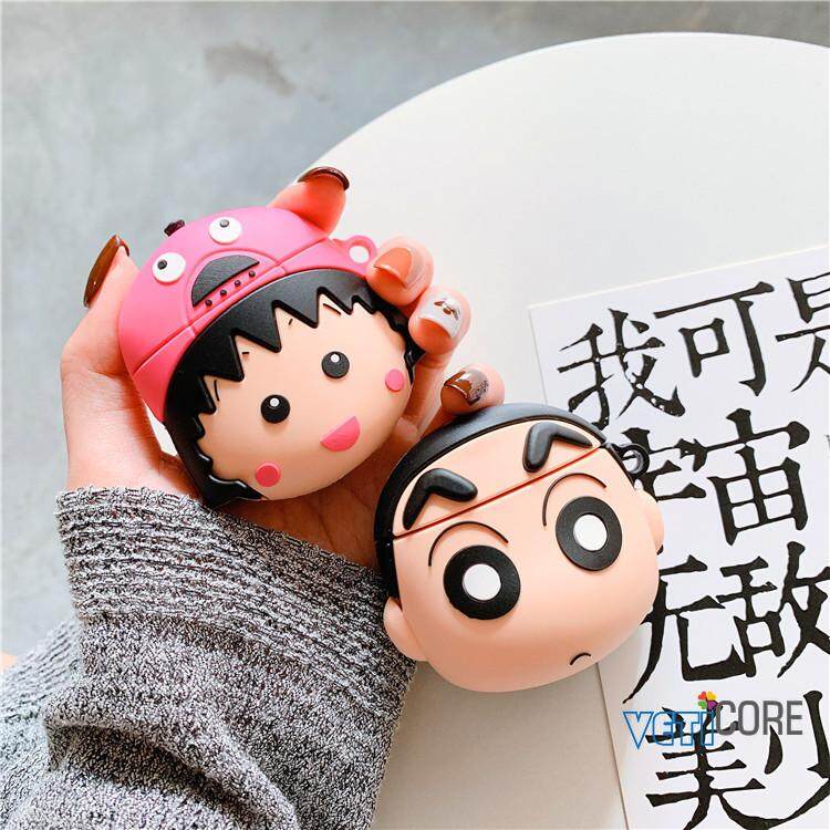 3D ญี่ปุ่นการ์ตูน Crayon Shin-Chan สติ๊กเกอร์ซากุระโมโมโกะเคสหูฟังสำหรับ Apple AirPods/AirPods2 2 ปลอกซิลิโคนหูฟัง Air Pods กระเป๋าป้องกัน AirPod อุปกรณ์เสริมสีชมพู