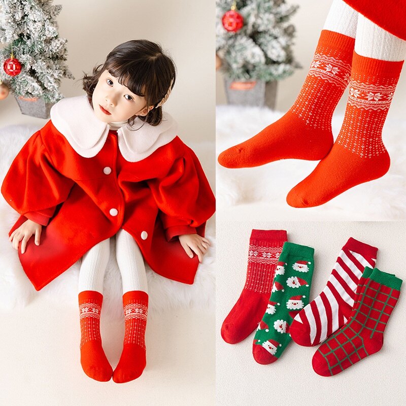 4 đôi vớ phim hoạt hình chàng trai cô gái giáng sinh Unisex thu đông Ống trung bình lưới màu đỏ trẻ em vớ