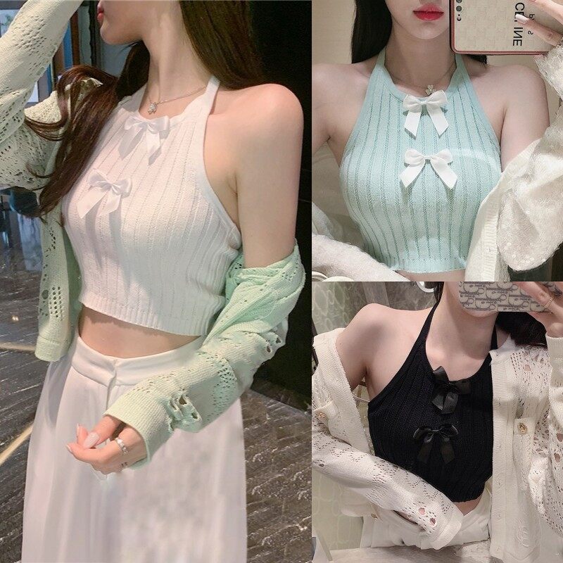 Beautifultime Áo Hở Eo Mùa Hè Phong Cách Tiktok Cho Nữ, Áo Ba Lỗ Dệt Kim Hở Lưng Không Tay Cổ Yếm Trang Trí Thắt Nơ Dành Cho Bé Gái, Trắng/Xanh/Đen