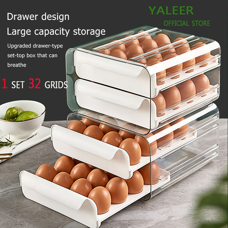 Hộp Đựng Trứng YALEER, Ngăn Kéo Nhà Bếp 32 Ngăn, Hộp Hai Lớp Trong Suốt Tủ Lạnh Organiser Giá Để Trứng Chống Rơi Tiện Dụng