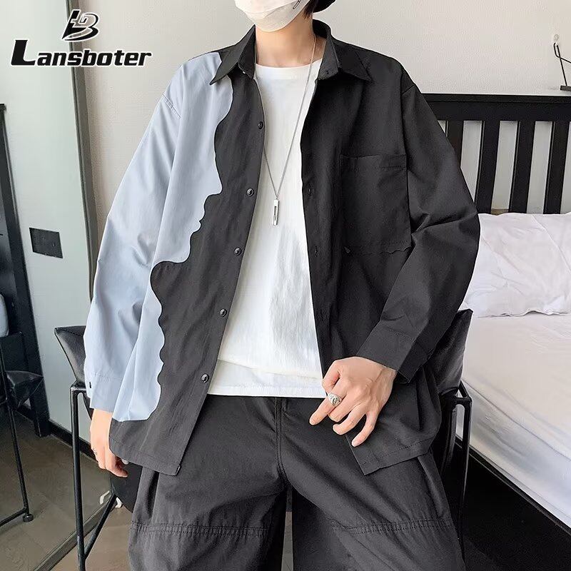 Lansboter áo sơ mi áo nam áo boy phố áo sơ mi nam boypro áo sơ mi nam rộng áo sơ mi dài tay thường ngày áo sơ mi đen và xanh phù hợp