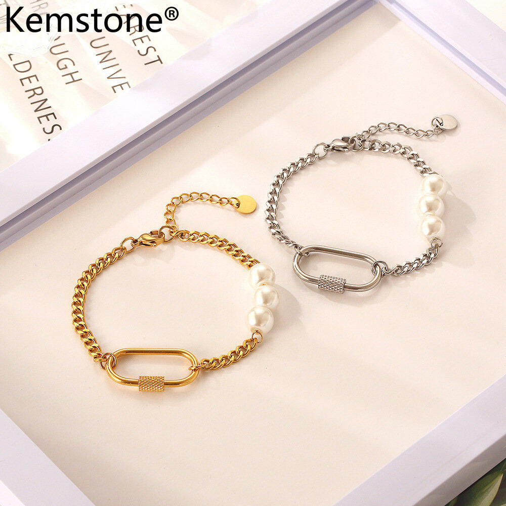 Kemstone Stainless Steel Pearl Chain Link Bracelet Jewelry Gift for Women ราคา 172 บาท*ส่งฟรี
