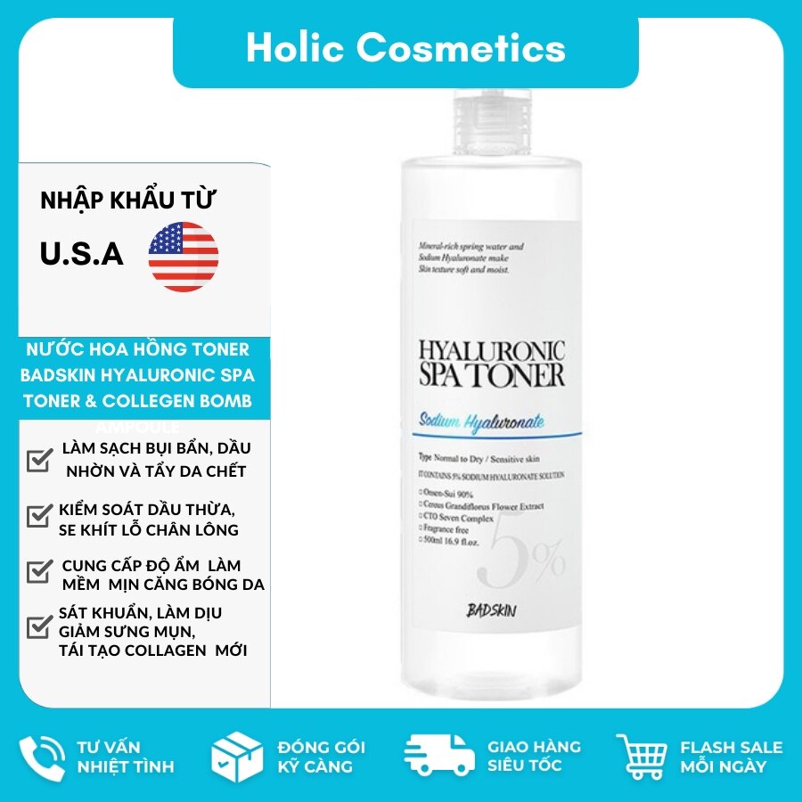 Nước hoa hồng Toner Badskin Hyaluronic Spa Toner & Collegen Bomb Ampoule