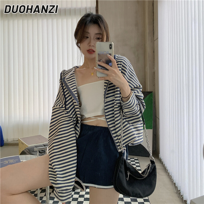 Duohanzi áo nỉ có mũ cho nữ áo sọc trơn áo crop top áo crop top áo nỉ có khóa kéo