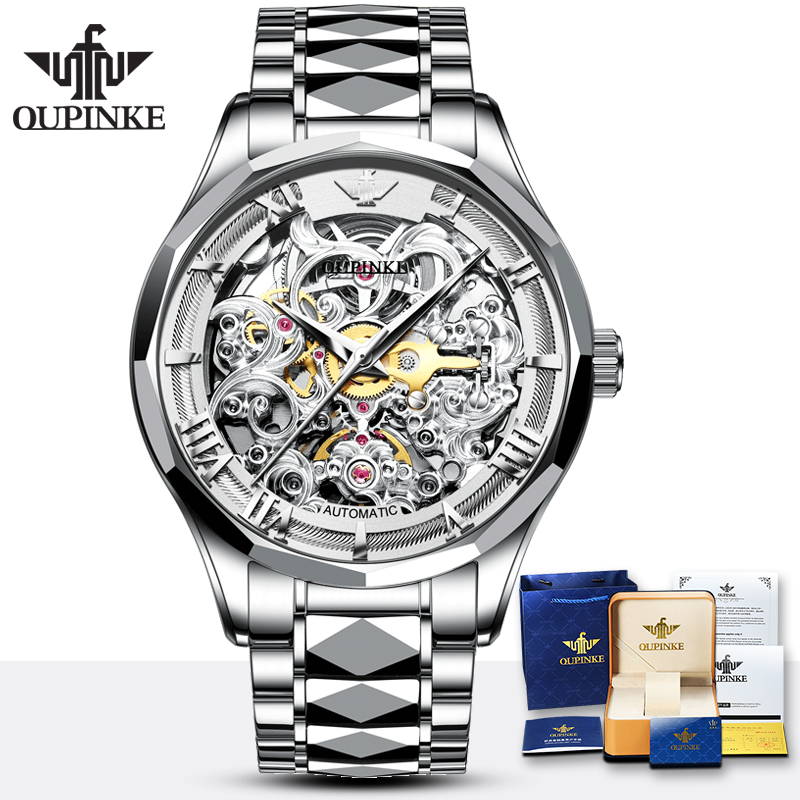แบรนด์สวิส OUPINKE นาฬิกาข้อมือผู้ชายสำหรับผู้ชาย Skeleton Japan Movement Self-Winding กันน้ำ50 ATM Sapphire ทังสเตนสตีลนาฬิกากลไก Gold ของขวัญสุดหรูสำหรับชาย ราคา 9,800 บาท*ส่งฟรี