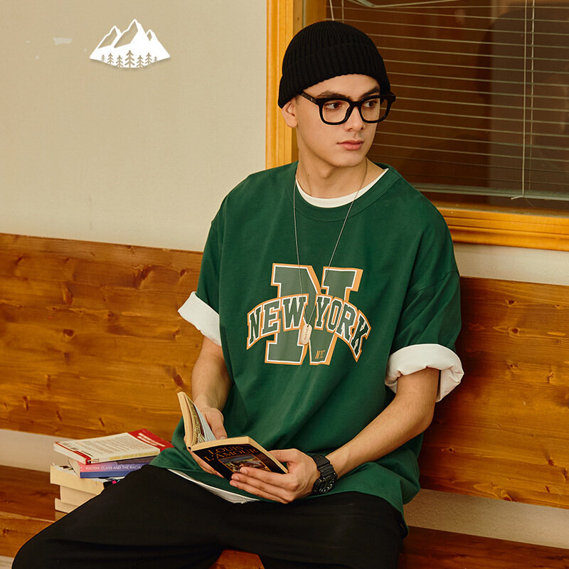 Lạm Phát Thương Hiệu 2023 Mùa Hè nam mới sinh viên trường học Ivy Phong Cách T-Shirt Trường Đại Học 265G Nặng 26 Đôi Sợi in chữ cái tay ngắn bé trai