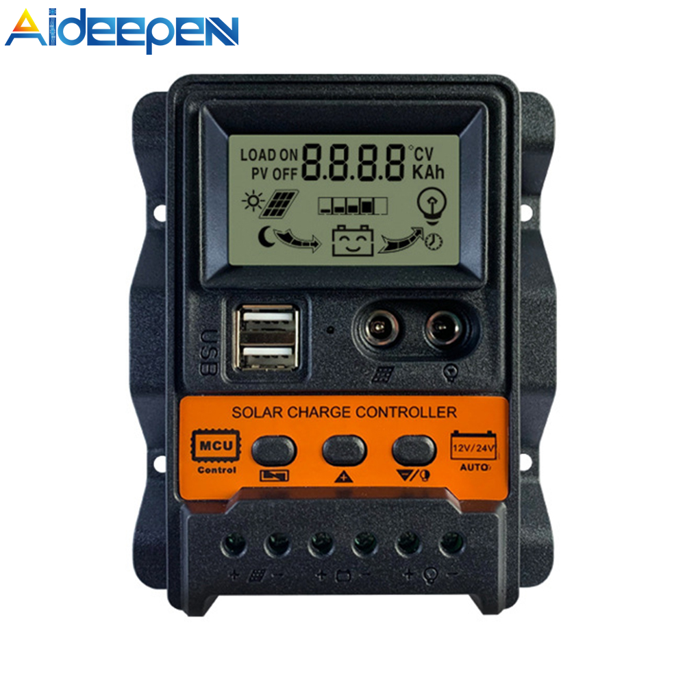 Aideepen bộ điều khiển sạc năng lượng mặt trời bảng điều khiển năng lượng mặt trời bat bộ điều chỉnh thông minh với cổng usb kép 12v/24v màn hình điều chỉnh pwm