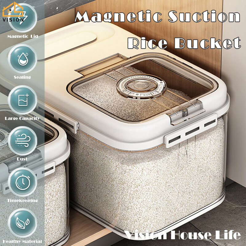 Vision 7.5kg/15kg Transparent Rice Barrel with Magnetic Cover Flip Type Rice Storage Box Large Capacity Rice Bucket with Time Scale Kitchen Flour Grains Sealed Storage Container Anti-moisture and Insect-Proof Sealed Dispenser ราคา 889 บาท*ส่งฟรี