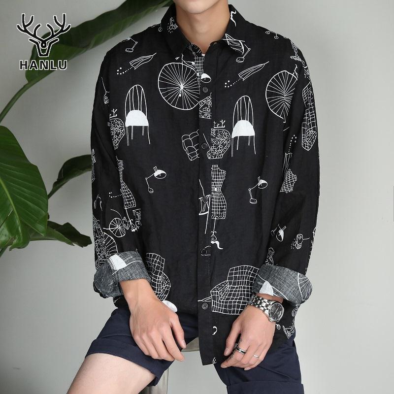 Hanlu áo sơ mi dài tay thời trang nam văn học áo sơ mi rộng in họa tiết cho nam áo sơ mi hoa cá tính xu hướng học sinh
