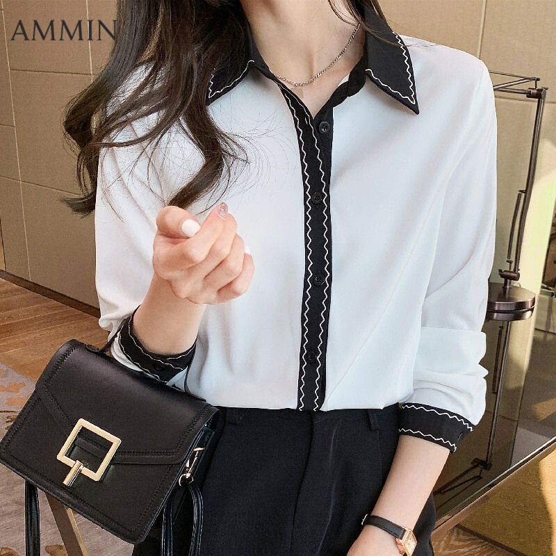AMMIN Mới Áo Thun Tay Dài Họa Tiết Mũi Khâu Màu Tương Phản Áo Thêu Cho Phụ Nữ Thời Trang Khí Chất Áo Voan Áo Blouse Nữ