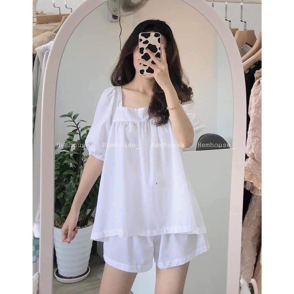 Set baby doll cổ vuông kèm quần đùi