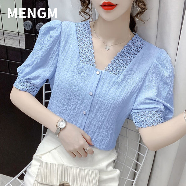 Áo voan tay phồng áo ngắn tay khoét lỗ thời trang thiết kế