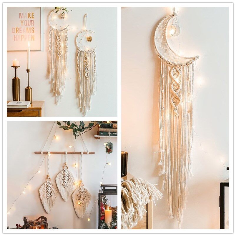 Ramadan Thảm Đan Thủ Công Macrame Dreamcatcher Mặt Trăng, Mặt Dây Chuyền Phóng Túng, Đồ Trang Trí Treo Tường Phòng Khách Phòng Ngủ Trang Trí Đám Cưới