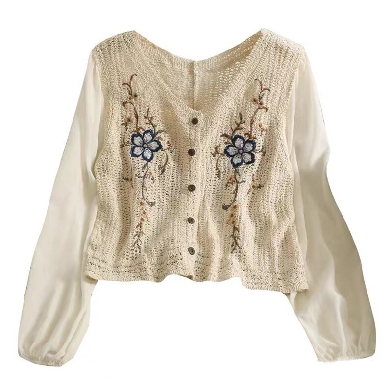 Áo cardigan nữ hở eo khâu móc khoét lỗ áo len thêu hoa cúc cổ chữ v tay dài phồng voan