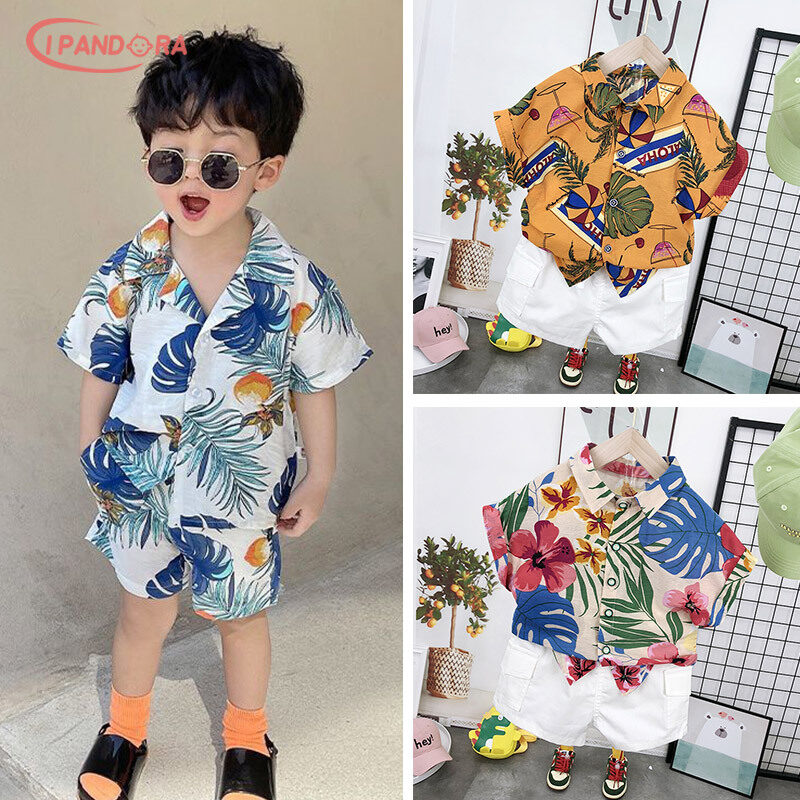 Ip áo sơ mi hoa tay ngắn cho bé trai, áo sơ mi đi biển cho trẻ em, bộ quần short thường ngày, áo nghỉ mát cho trẻ em