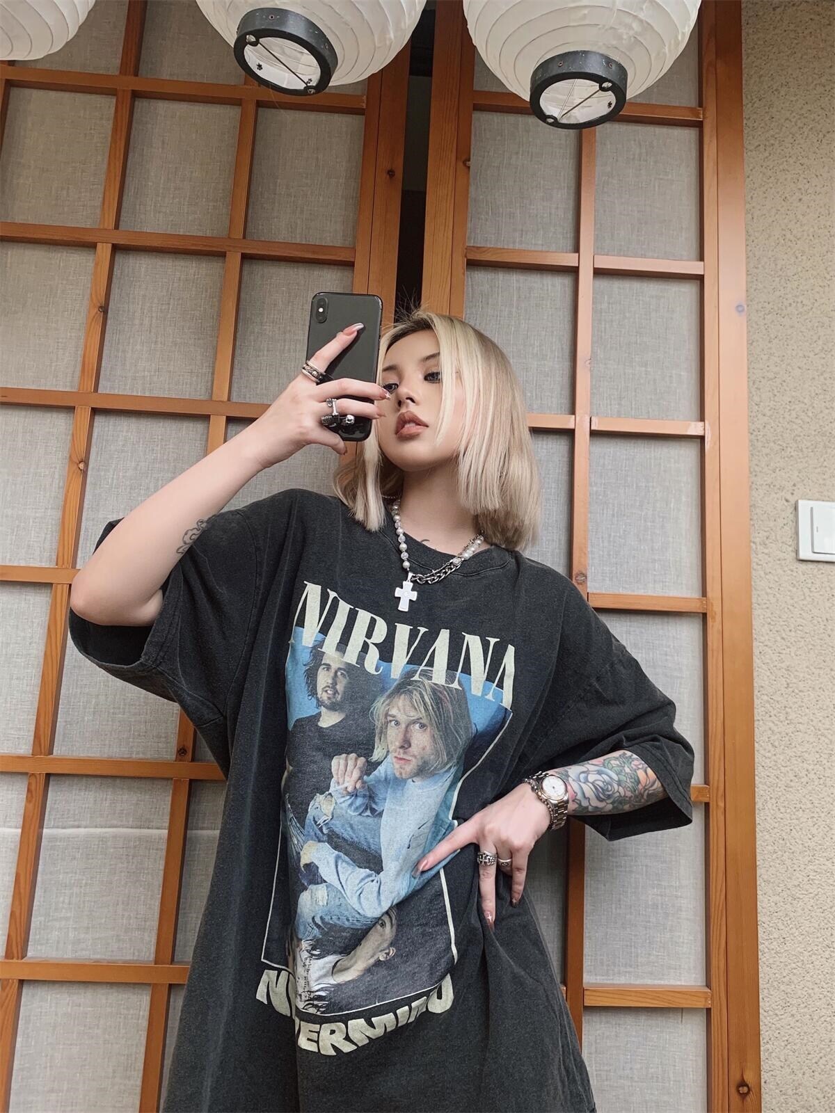 ❐ Nirvana Nirvana Band Coburn Áo Thun Cặp Đôi Dáng Rộng Thường Ngày Đường Phố Cao Cổ Tay Ngắn Cổ Điển Cotton In Hình Coburn