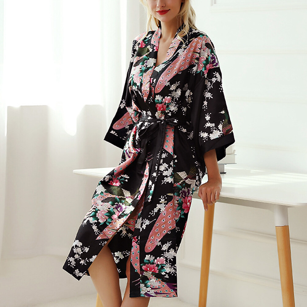 ชุดเดรสผ้าไหมซาตินRobe Kimonoเสื้อคลุมนอนเสื้อคลุมอาบน้ำชุดนอนชุดนอน